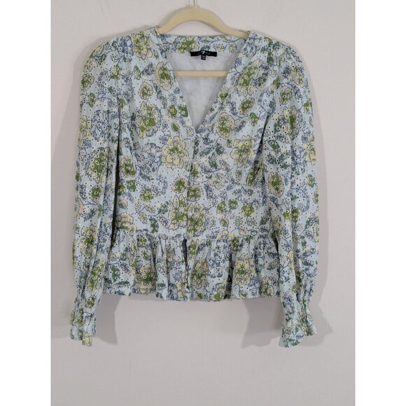 7 For All Mankind Eyelet Peplum Button Front Blouse Floral Romantic Peasant XS - Picture 3 of 9